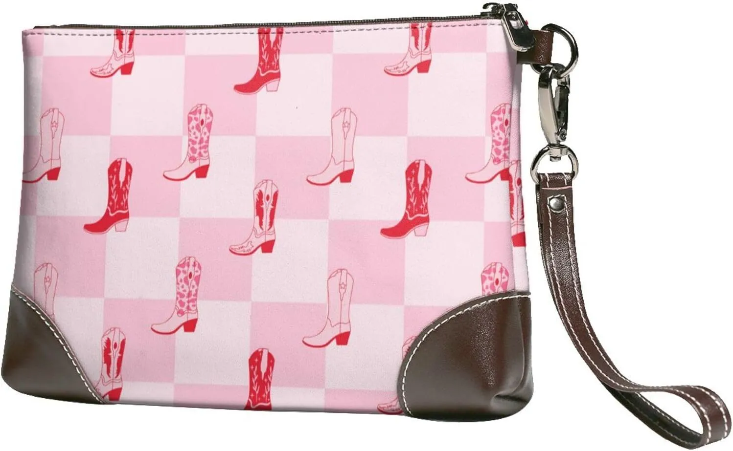 Small Clutch Purses for Women - Retro pink Cowgirl boots checkerboard Leather Wristlet Wallets for Women with Wrist Strap