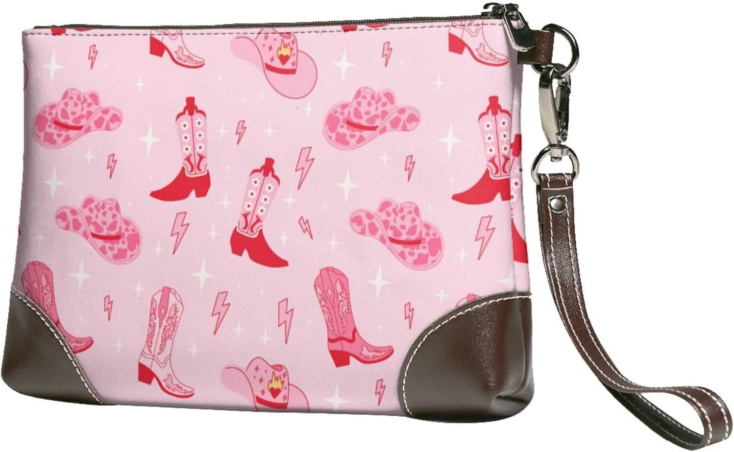 Small Clutch Purses for Women - Retro pink Cowgirl boots hat Leather Wristlet Wallets for Women with Wrist Strap