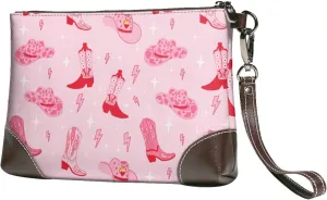 Small Clutch Purses for Women - Retro pink Cowgirl boots hat Leather Wristlet Wallets for Women with Wrist Strap