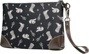Small Clutch Purses for Women - Western Cowboy Boho Cactus Boots Leather Wristlet Wallets for Women with Wrist Strap