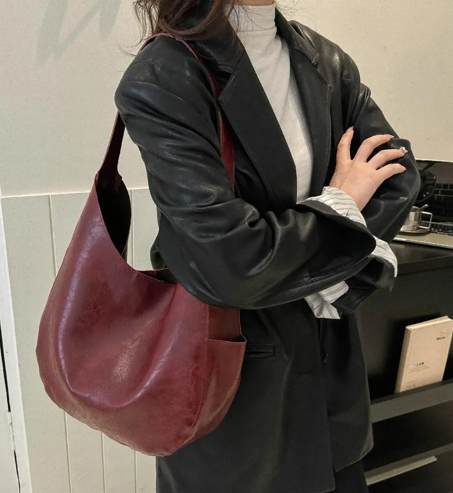 Soft Vegan Leather Shoulder Bag for Women Large Dumpling Tote Purse Retro Working Handbag Top Handle Satchels