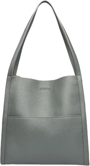 Solid Color Simple Genuine Leather Shoulder Bag, Genuine Leather Bucket Tote Bag, Women Large Capacity Totes Crossbody Bag