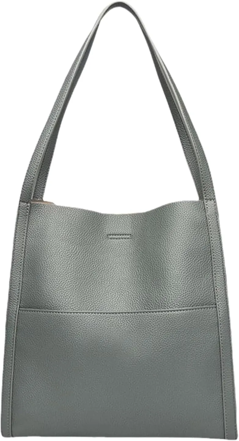 Solid Color Simple Genuine Leather Shoulder Bag, Genuine Leather Bucket Tote Bag, Women Large Capacity Totes Crossbody Bag