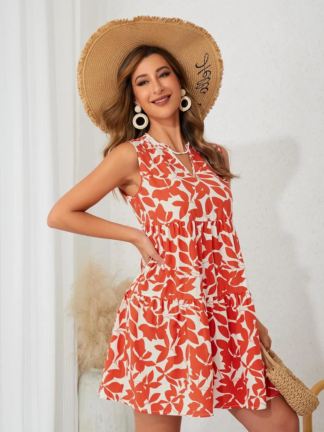 SOLY HUX Women's Summer Boho Print Notched V Neck Sleeveless Ruffle Hem Loose Dress