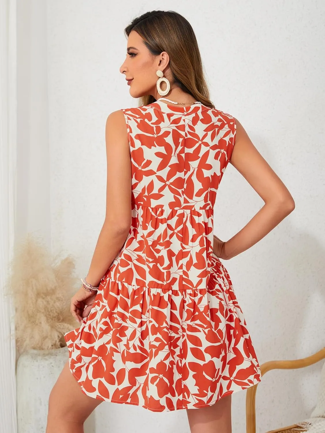 SOLY HUX Women's Summer Boho Print Notched V Neck Sleeveless Ruffle Hem Loose Dress