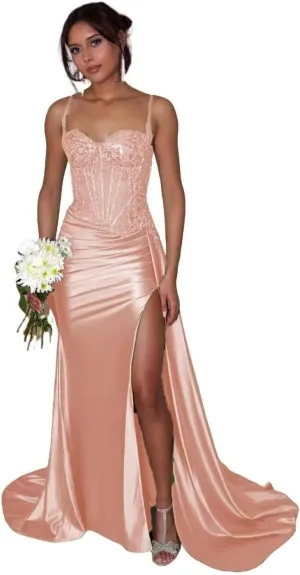 Spaghetti Strap Stain Prom Dress Sparkly Mermaid Formal Dresses with Slit Lace Sequin Evening Gowns