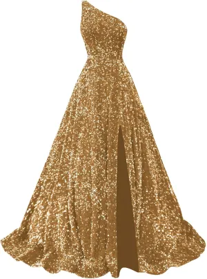 Sparkly Sequin Prom Dresses for Women 2025 Long Split One Shoulder Formal Evening Ball Gown with Pockets