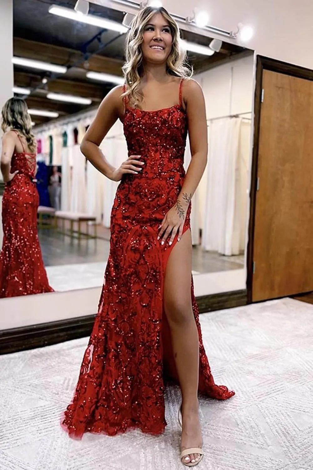 Sparkly Sequin Prom Dresses for Women 2025 Mermaid Spaghetti Straps Long Formal Evening Gowns with Slit