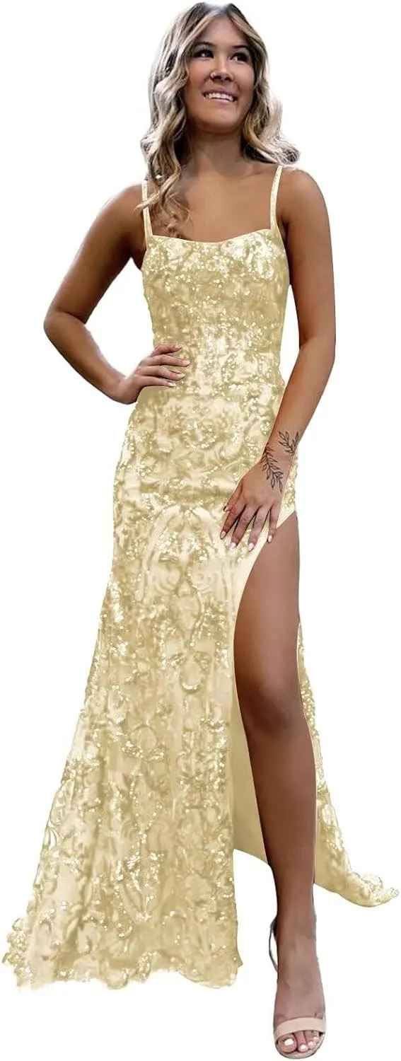 Sparkly Sequin Prom Dresses for Women 2025 Mermaid Spaghetti Straps Long Formal Evening Gowns with Slit