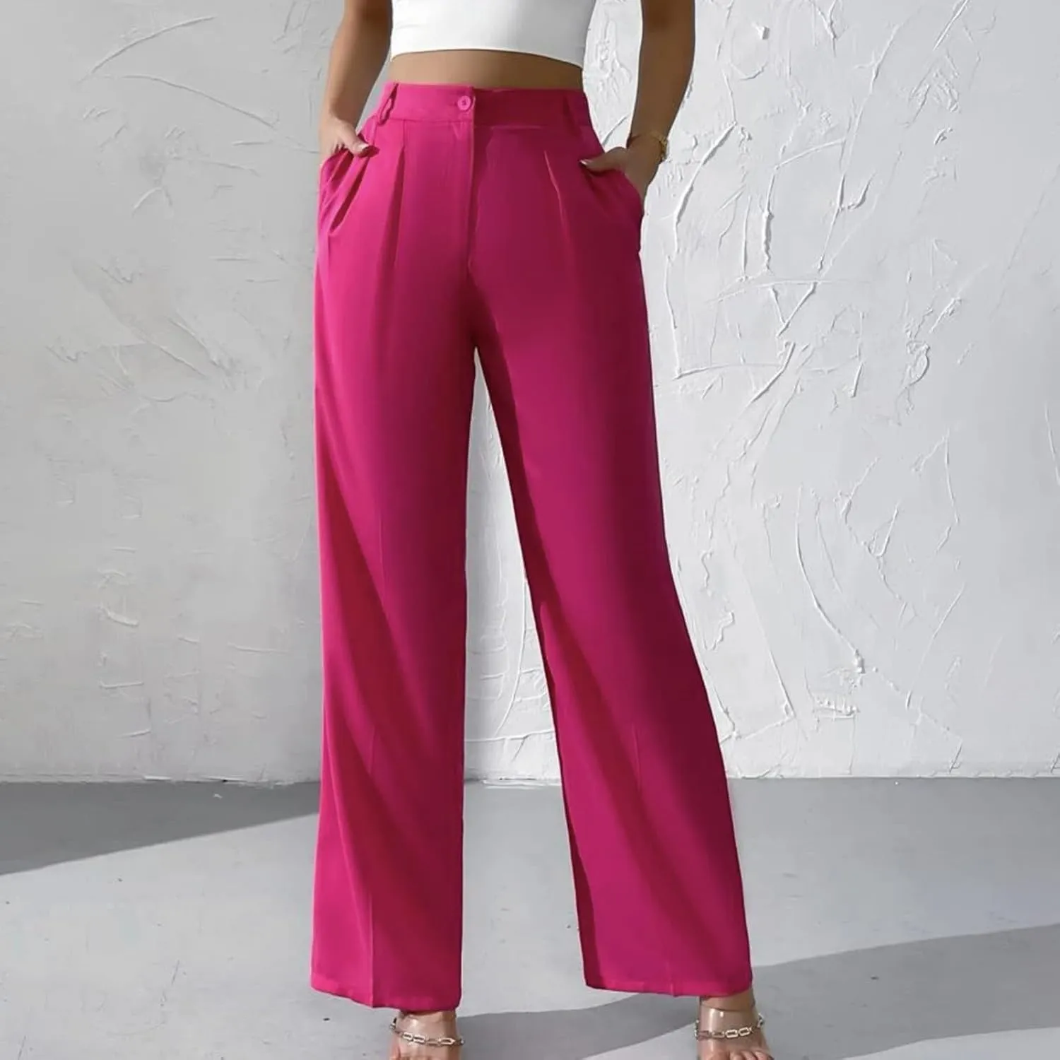Straight Leg Dress Pants for Women Solid Color Pleated Palazzo Pants Stylish Casual High Waist Button Work Trousers