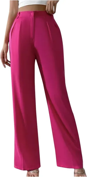 Straight Leg Dress Pants for Women Solid Color Pleated Palazzo Pants Stylish Casual High Waist Button Work Trousers