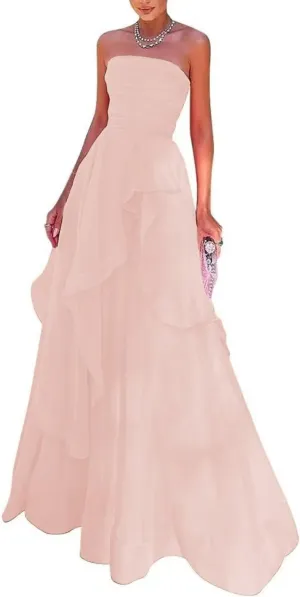 Strapless Prom Dresses 2024 A Line Ball Gown Chiffon Sleeveless Elegant Formal Evening Party Gowns