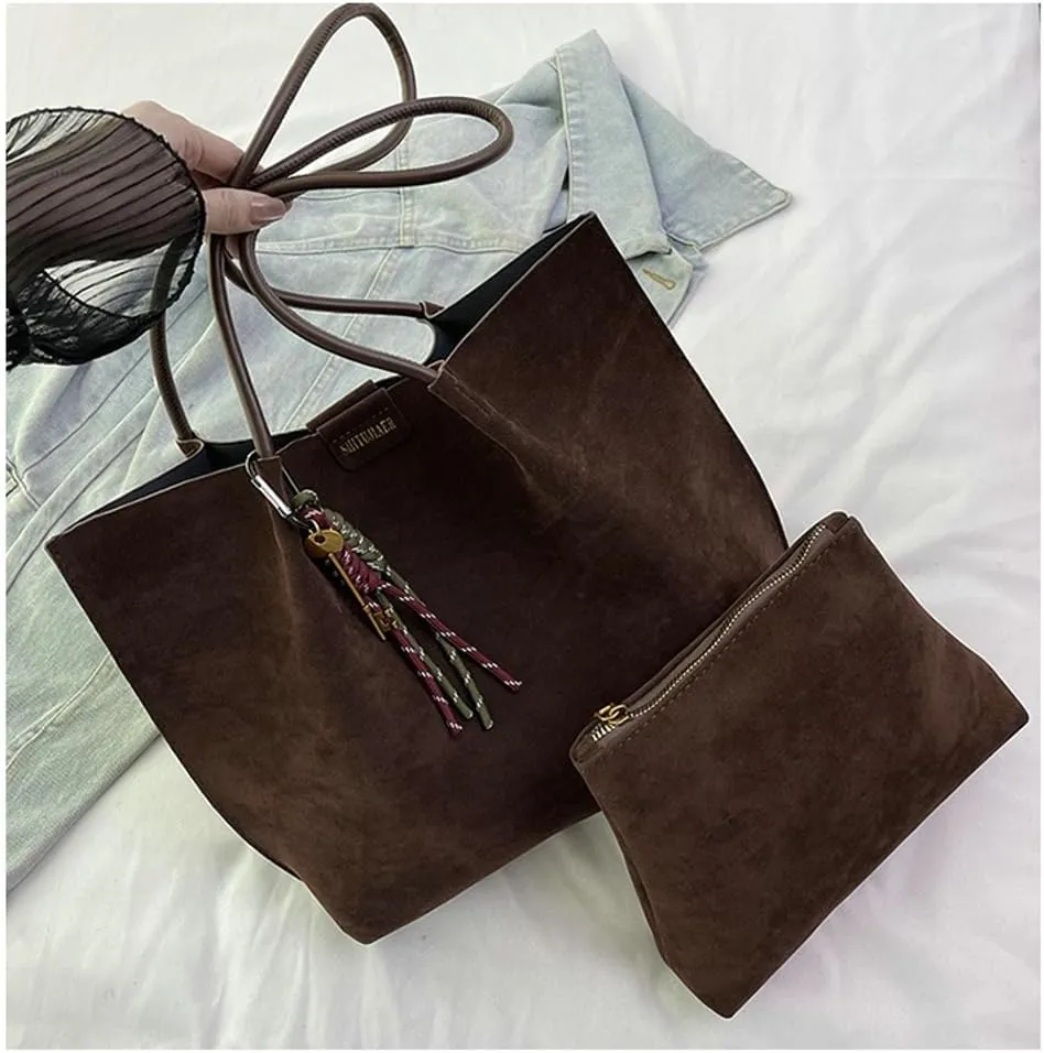 Suede Tote Bag for Women Trendy Large Underarm Shoulder Bag Satchels Suede Tote Handbag Work Travel Purse