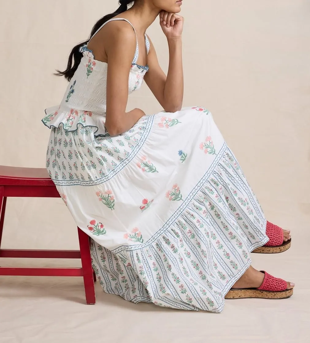 Summer Dress for Women Boho Tie Shoulder Floral Smocked Flowy Long Dress Ruffle Beach Vocation Maxi Sundress