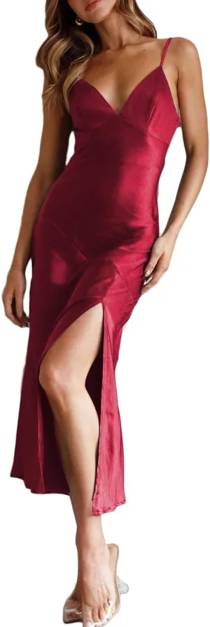 Summer Satin V Neck Silp Midi Dress for Women Wedding Guest 2025 Sexy Spaghetti Strap Backless Long Dresses with Slit