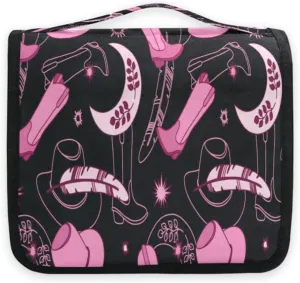 susiyo Retro Boots Dark Travel Toiletry Bag for women, Portable Hanging Organizer for Full-Sized Shampoo, Conditioner, Brushes Set, Travel-Size