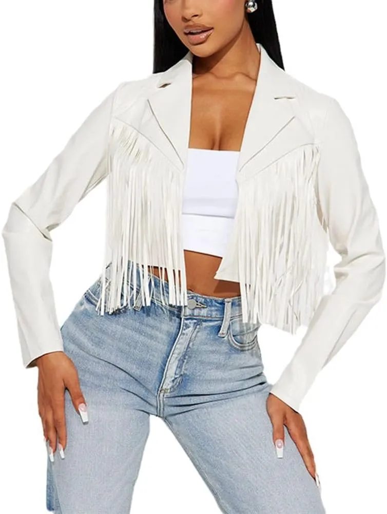 THLAI Women Fringe Faux Leather Jackets 2023 Fall Winter Tassel Motorcycle Cropped Coats Long Sleeve Lapel Neck Moto Outwear