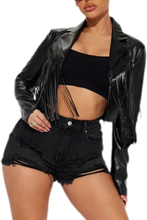 THLAI Women Fringe Faux Leather Jackets 2023 Fall Winter Tassel Motorcycle Cropped Coats Long Sleeve Lapel Neck Moto Outwear