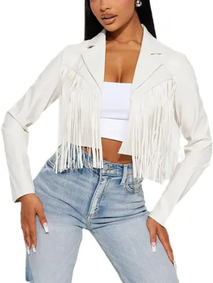 THLAI Women Fringe Faux Leather Jackets 2023 Fall Winter Tassel Motorcycle Cropped Coats Long Sleeve Lapel Neck Moto Outwear