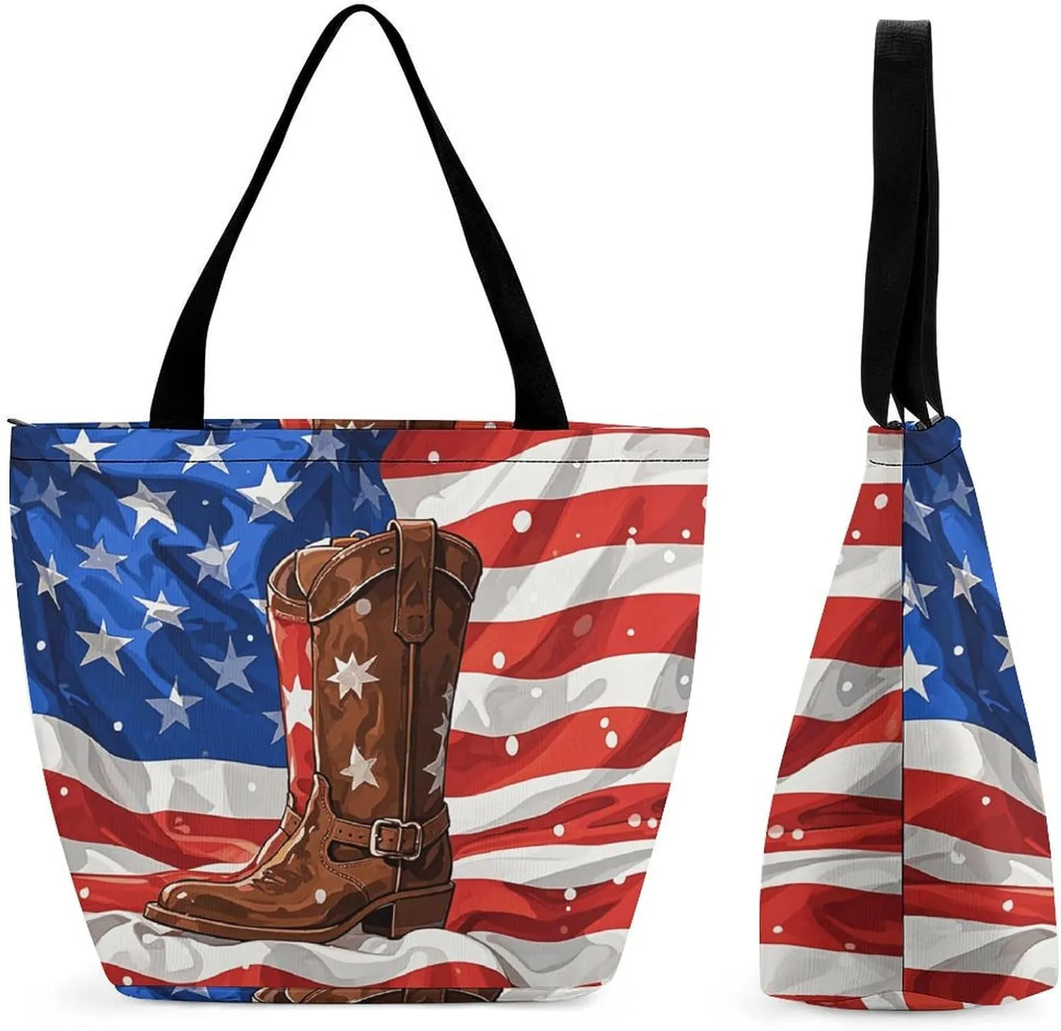Tote Bag for Women Shoulder Bag American Flag with Cowboy Boots Handbags for Travel Work Beach Bag Grocery Bag