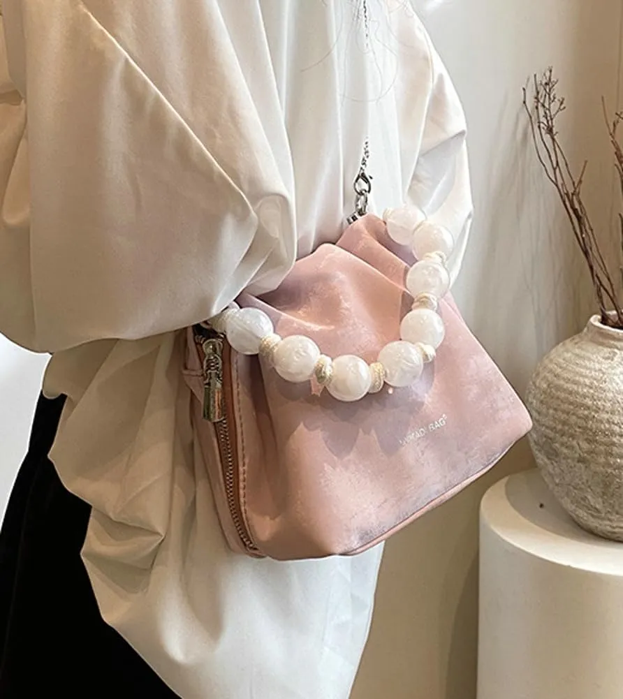 Trendy PU Leather Bucket Bag for Women Small Top Handle Crossbody Shoulder Bag with Bead String Purse Handbag 2024