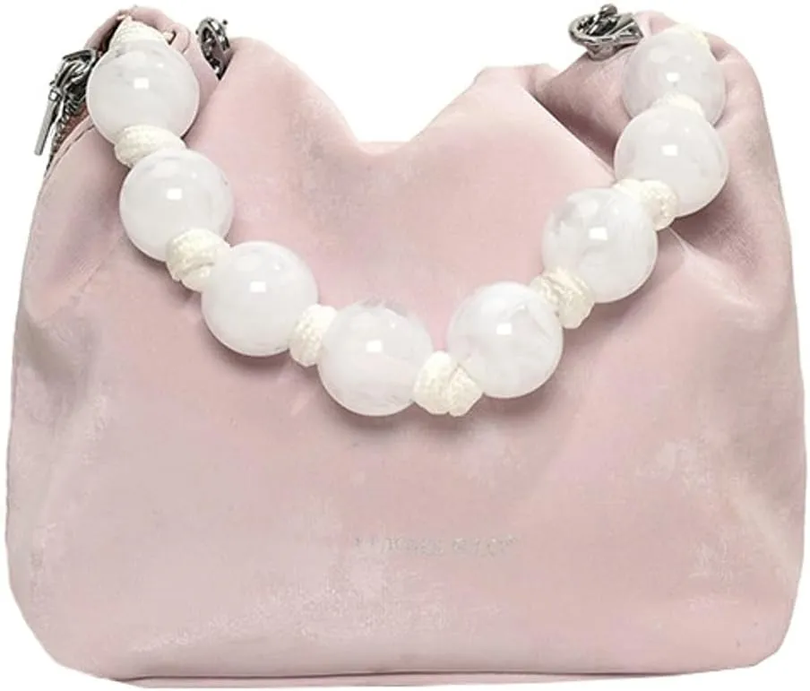 Trendy PU Leather Bucket Bag for Women Small Top Handle Crossbody Shoulder Bag with Bead String Purse Handbag 2024