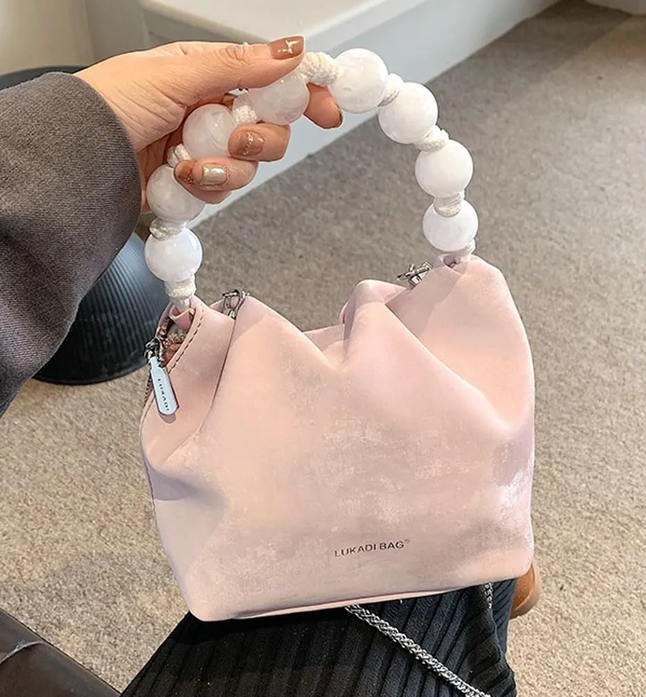 Trendy PU Leather Bucket Bag for Women Small Top Handle Crossbody Shoulder Bag with Bead String Purse Handbag 2024