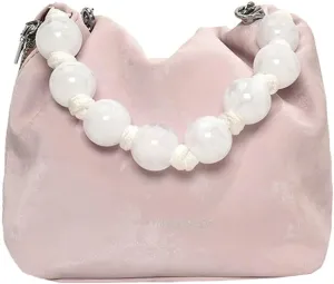 Trendy PU Leather Bucket Bag for Women Small Top Handle Crossbody Shoulder Bag with Bead String Purse Handbag 2024