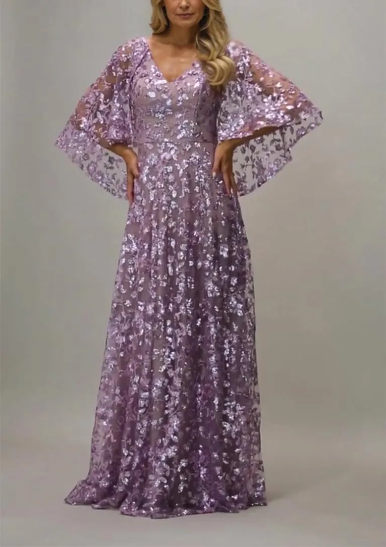 V-Neck Mother of Bride Dresses with Cape Laces Tulle Mother of The Groom Dress Flowy Formal Evening Gowns with Shawl