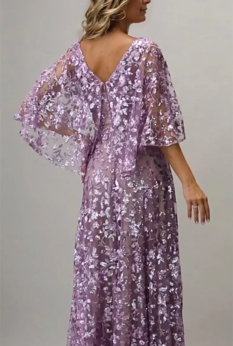V-Neck Mother of Bride Dresses with Cape Laces Tulle Mother of The Groom Dress Flowy Formal Evening Gowns with Shawl
