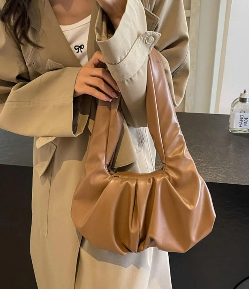 Vegan Leather Shoulder Bags for Women Trendy Pleated Handbag Small Tote Purse Ladies Top Handle Satchels