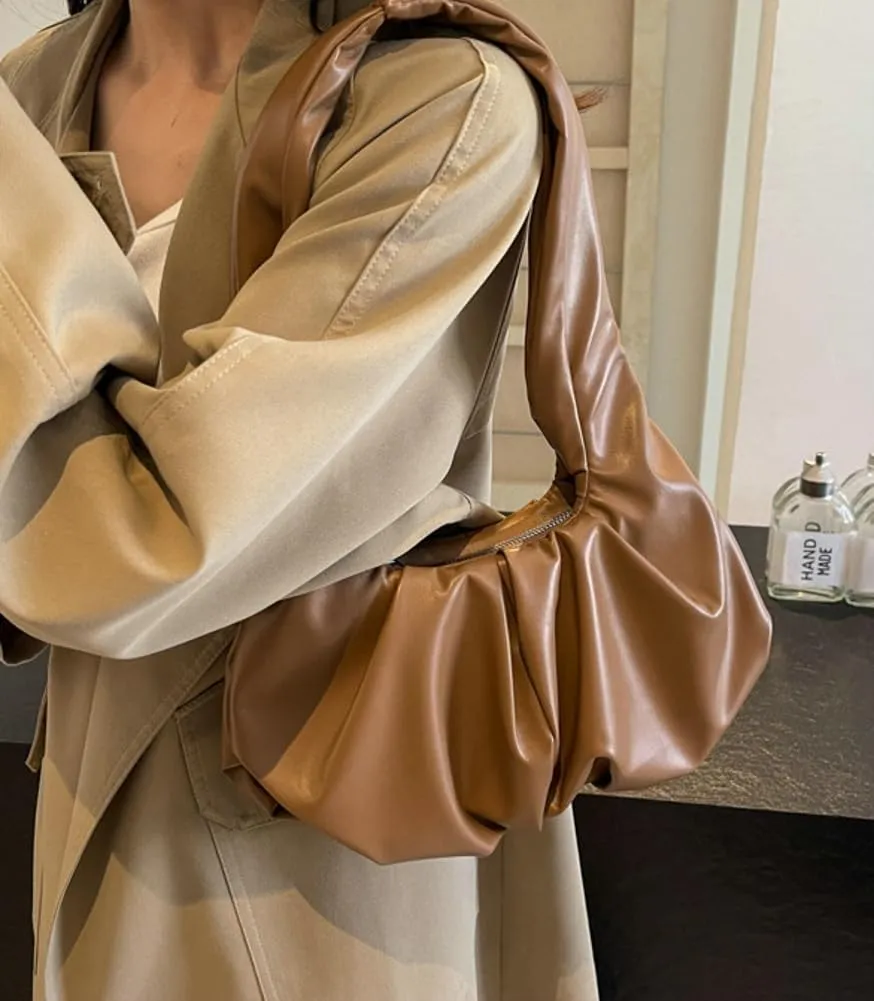 Vegan Leather Shoulder Bags for Women Trendy Pleated Handbag Small Tote Purse Ladies Top Handle Satchels