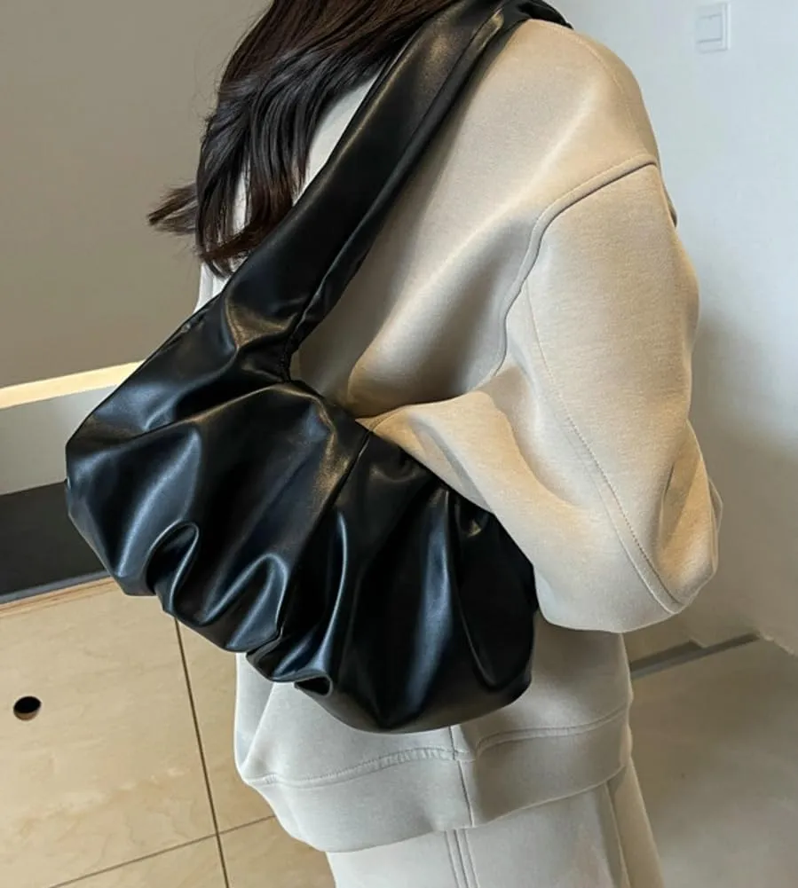 Vegan Leather Shoulder Bags for Women Trendy Pleated Handbag Small Tote Purse Ladies Top Handle Satchels