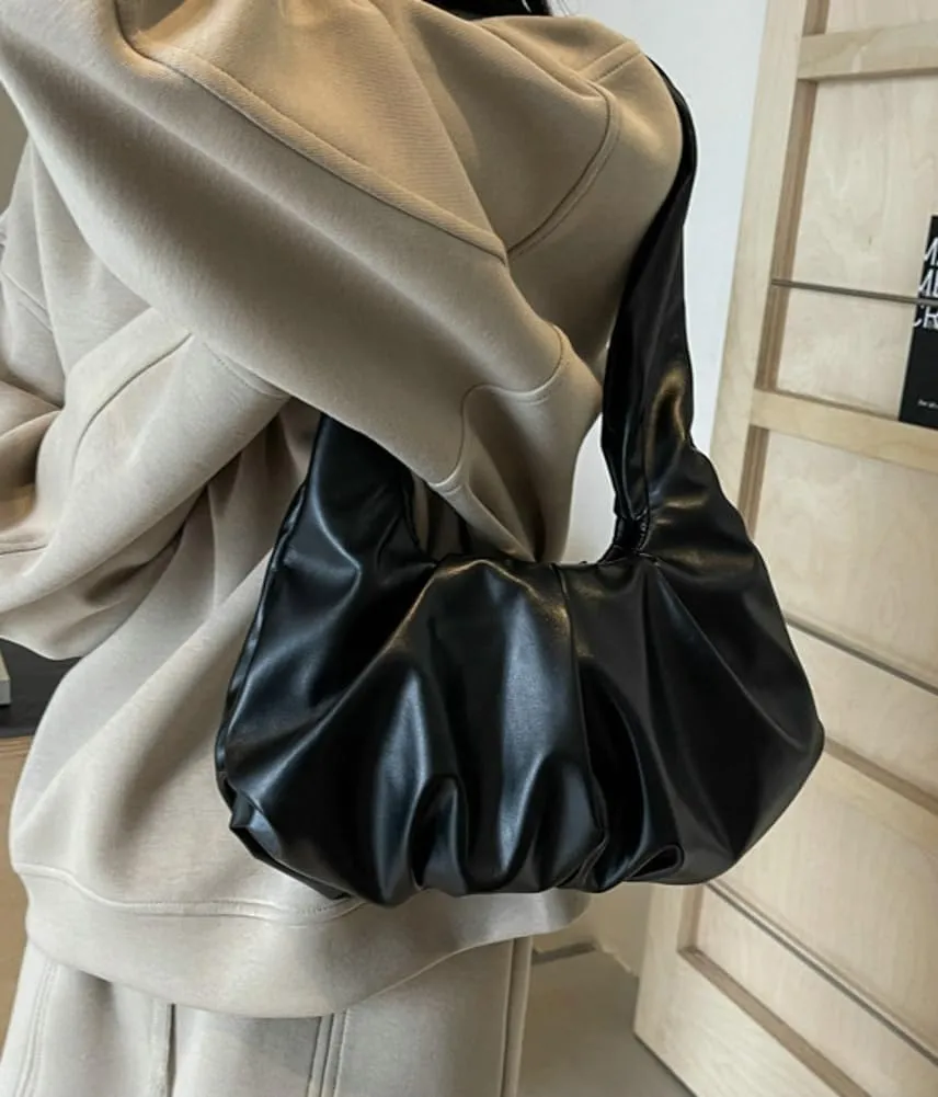 Vegan Leather Shoulder Bags for Women Trendy Pleated Handbag Small Tote Purse Ladies Top Handle Satchels