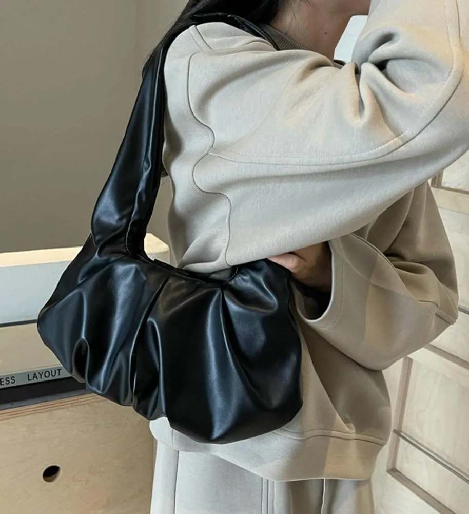 Vegan Leather Shoulder Bags for Women Trendy Pleated Handbag Small Tote Purse Ladies Top Handle Satchels