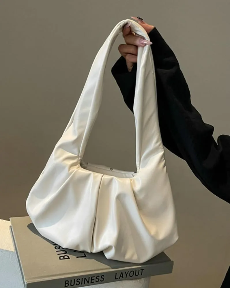 Vegan Leather Shoulder Bags for Women Trendy Pleated Handbag Small Tote Purse Ladies Top Handle Satchels
