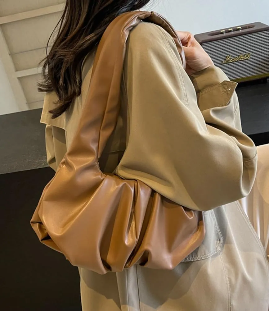 Vegan Leather Shoulder Bags for Women Trendy Pleated Handbag Small Tote Purse Ladies Top Handle Satchels