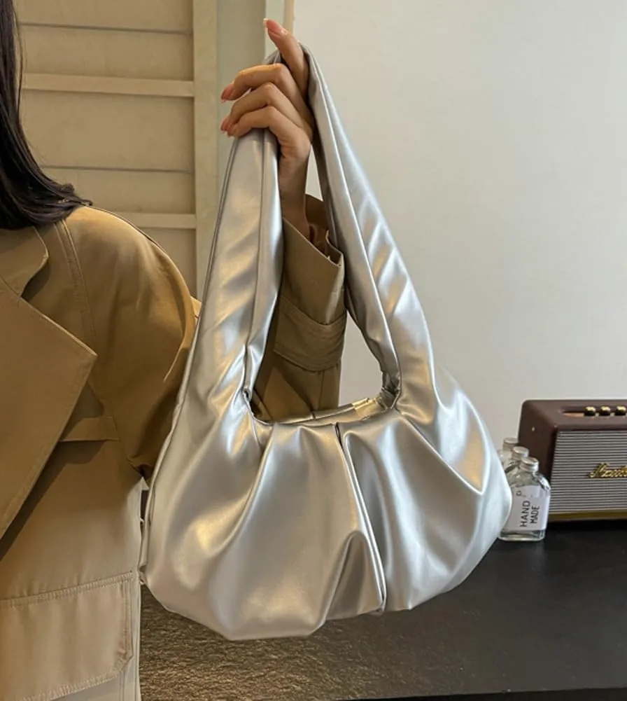 Vegan Leather Shoulder Bags for Women Trendy Pleated Handbag Small Tote Purse Ladies Top Handle Satchels