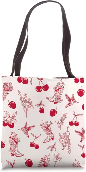 Vintage Cowboy Boots Cherry Floral Hummingbird Art Cowgirl Tote Bag