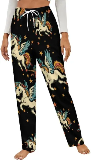 Vintage Unicorm Womens Flannel Pajama Pants Long Length Sleep Lounge Pants with Drawstring Belt Loungewear