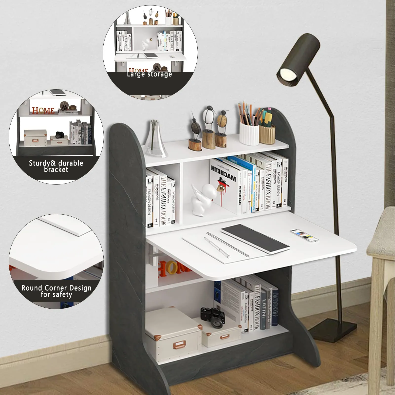 Wall Mountable Wood Standing Desk with Fold Down Table and Storage Shelves
