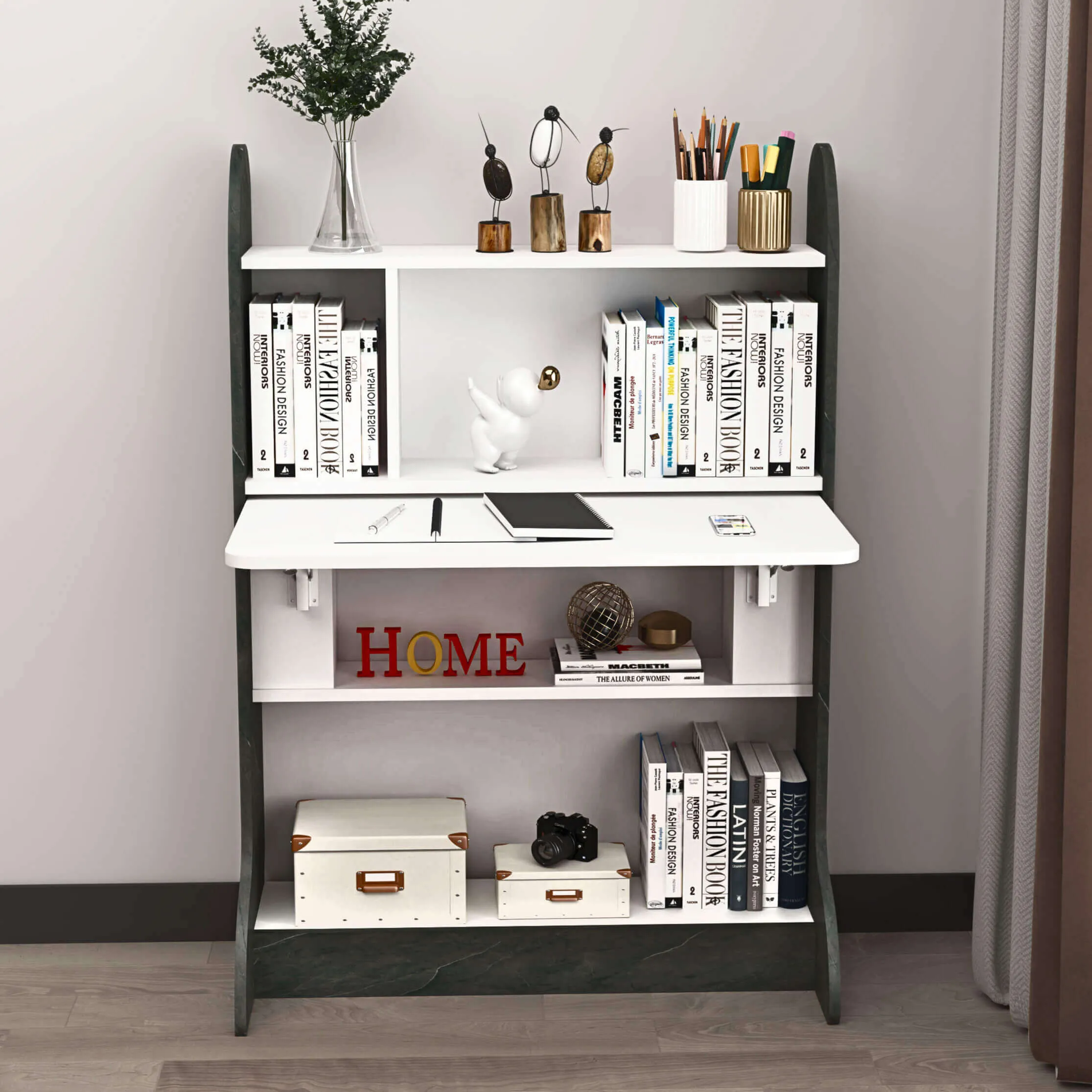 Wall Mountable Wood Standing Desk with Fold Down Table and Storage Shelves