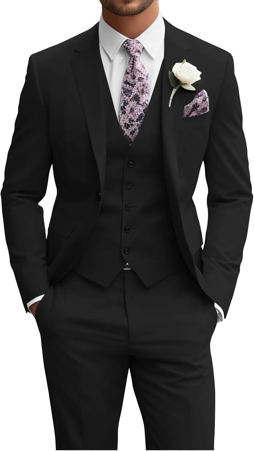 Wangyue Men's Suit Slim Fit 3 Piece Suit Men Wedding One Button Groomsmen Suits Formal Prom Jacket Blazers Vest Pants