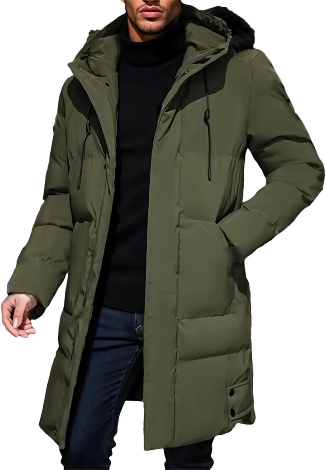 Warm Hooded Mid-Length Jacket Mens Casual Zip Up Cotton Padded Jacket Overcoat Autumn Winter Windbreaker Coats