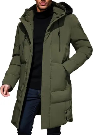 Warm Hooded Mid-Length Jacket Mens Casual Zip Up Cotton Padded Jacket Overcoat Autumn Winter Windbreaker Coats