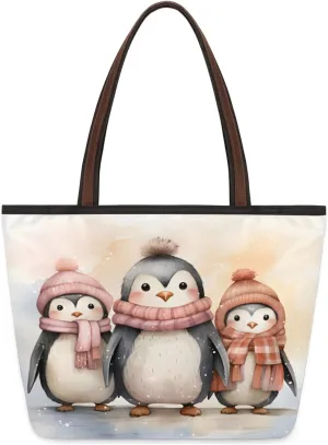 Watercolour Penguins Tote Bag Multi Pocket Zippered Beach Bag Lightweight Waterproof Handbag