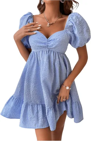 WDIRARA Women's Gingham Mini Summer Dresses Sweetheart Neck Short Puff Sleeve Plaid Ruffle Babydoll Dress