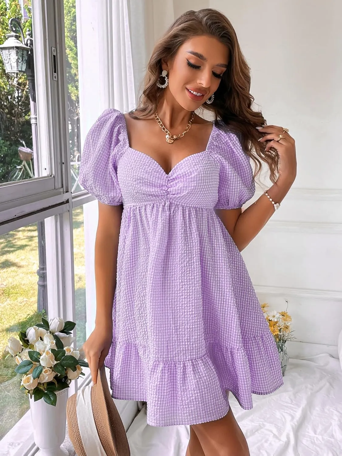 WDIRARA Women's Gingham Mini Summer Dresses Sweetheart Neck Short Puff Sleeve Plaid Ruffle Babydoll Dress
