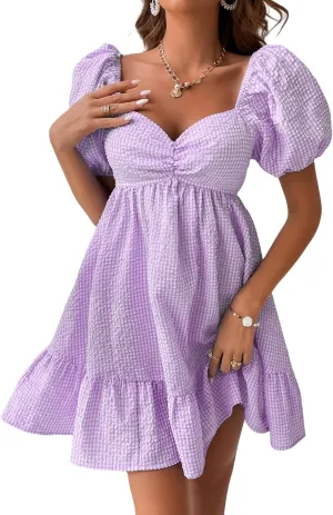 WDIRARA Women's Gingham Mini Summer Dresses Sweetheart Neck Short Puff Sleeve Plaid Ruffle Babydoll Dress