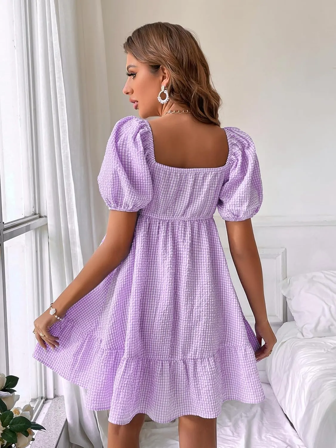 WDIRARA Women's Gingham Mini Summer Dresses Sweetheart Neck Short Puff Sleeve Plaid Ruffle Babydoll Dress